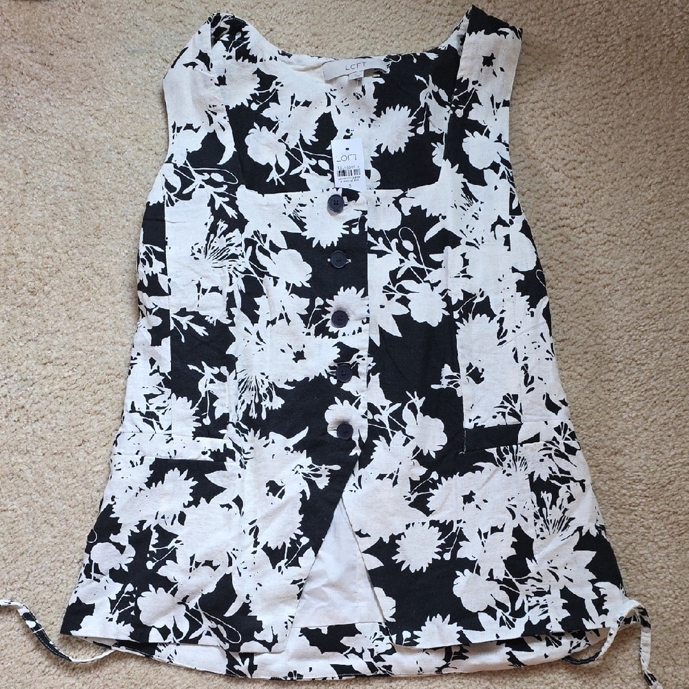LOFT Black and White Floral Tank Top